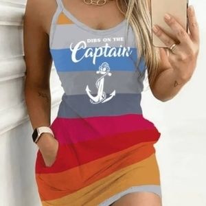 Casual Color Block Anchor Print Spaghetti Sleeveless Dress 2 Pockets​​​​​